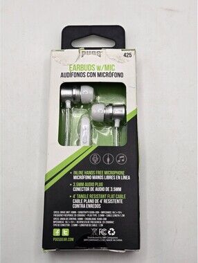 PUGS Earbuds with Mic,425, Inline Hands Free Microphone 3.5mm Audio Plug Silver